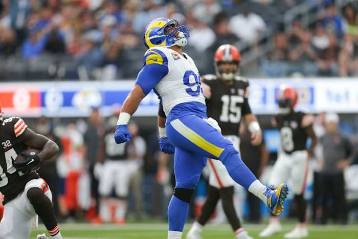 Aaron Donald yells in celebration